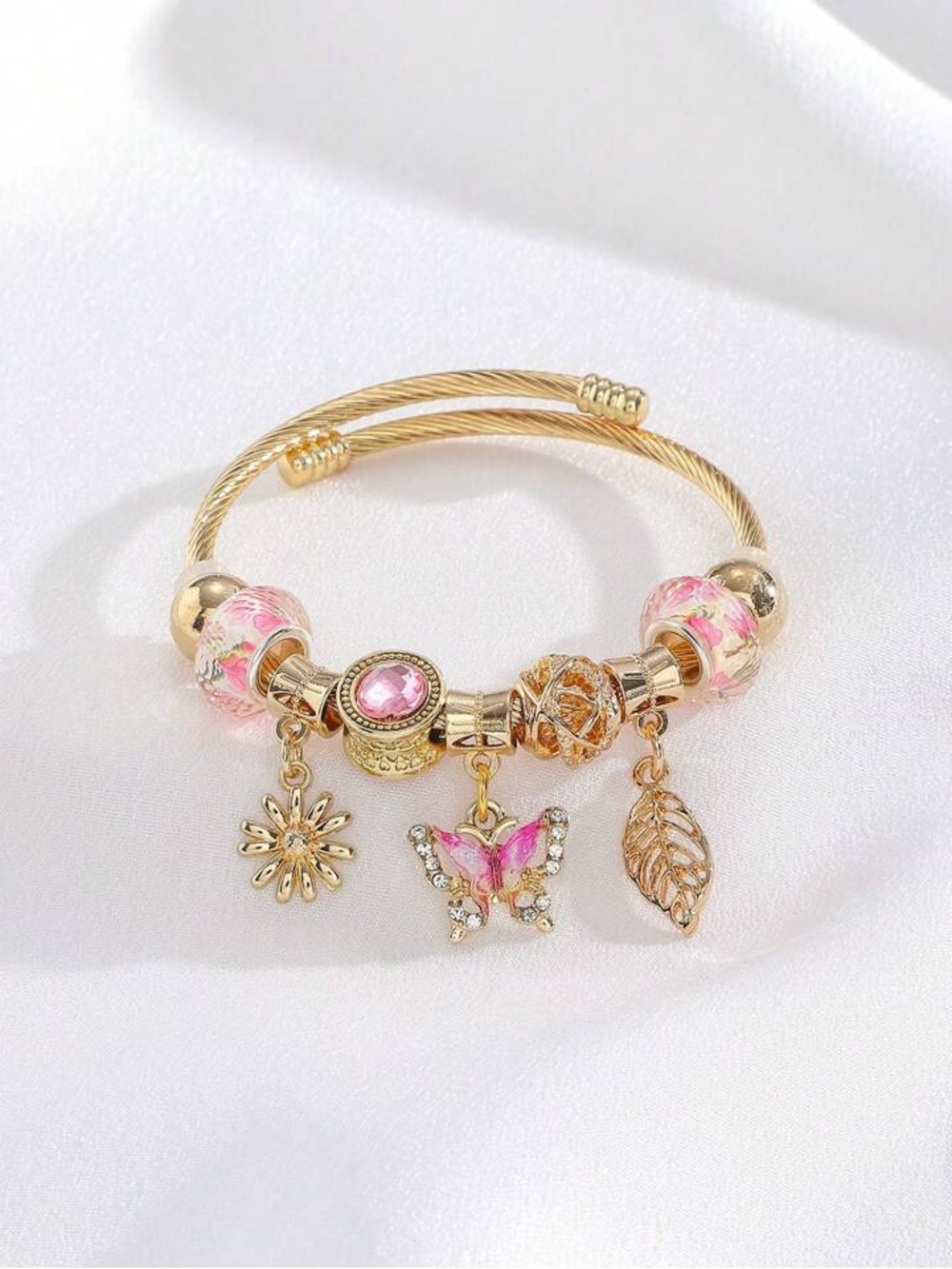 NEW Stainless Steel Gold Charm Bangle Bracelet | Pink Floral Butterfly Luxury